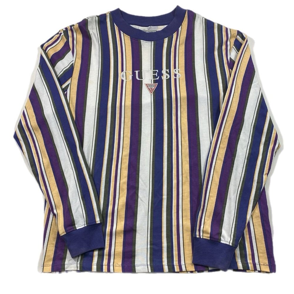 Vintage GUESS T Shirt Mens Size S Multi Striped Embroidered Logo Long Sleeve